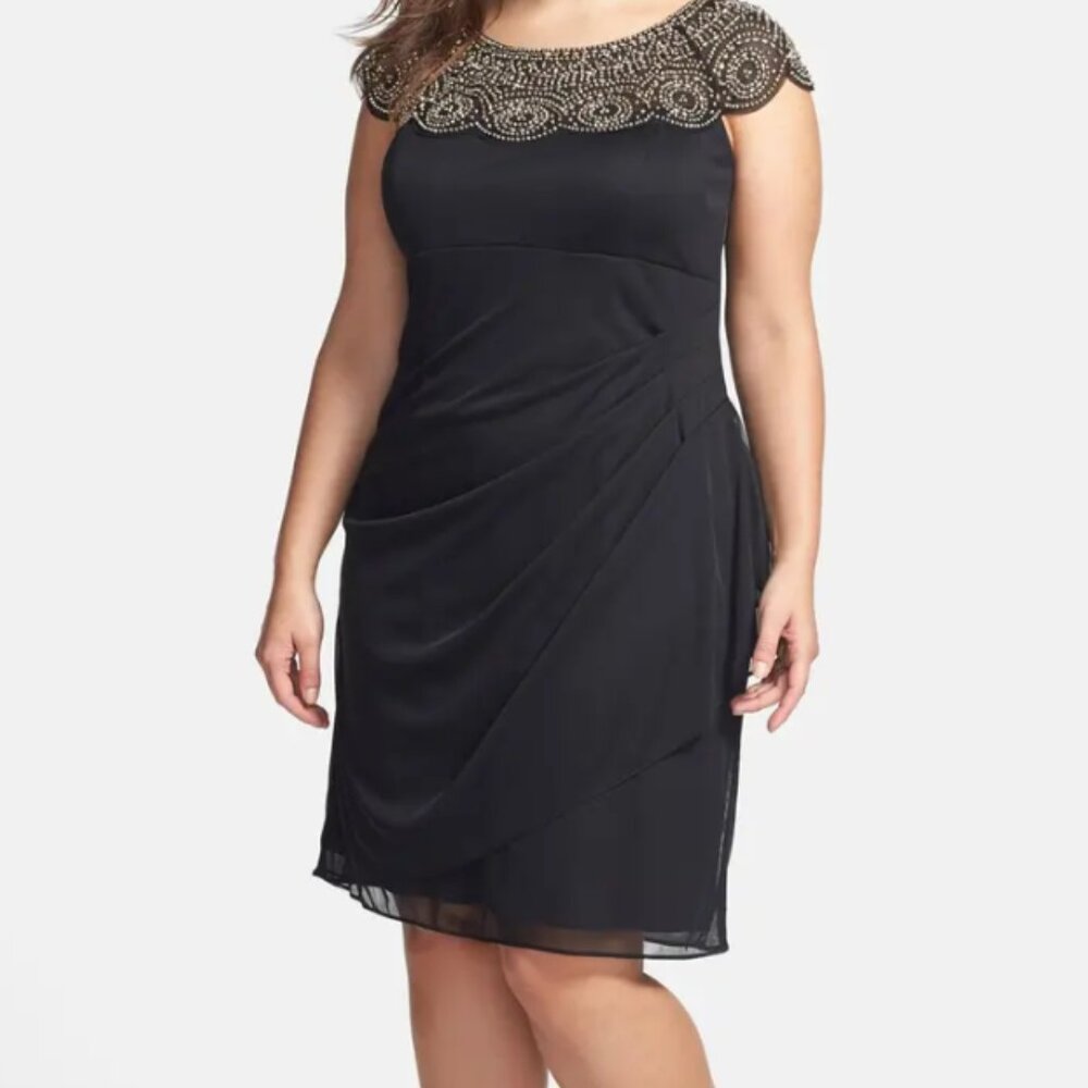 Embellished Cap-Sleeve Black Evening Dress
